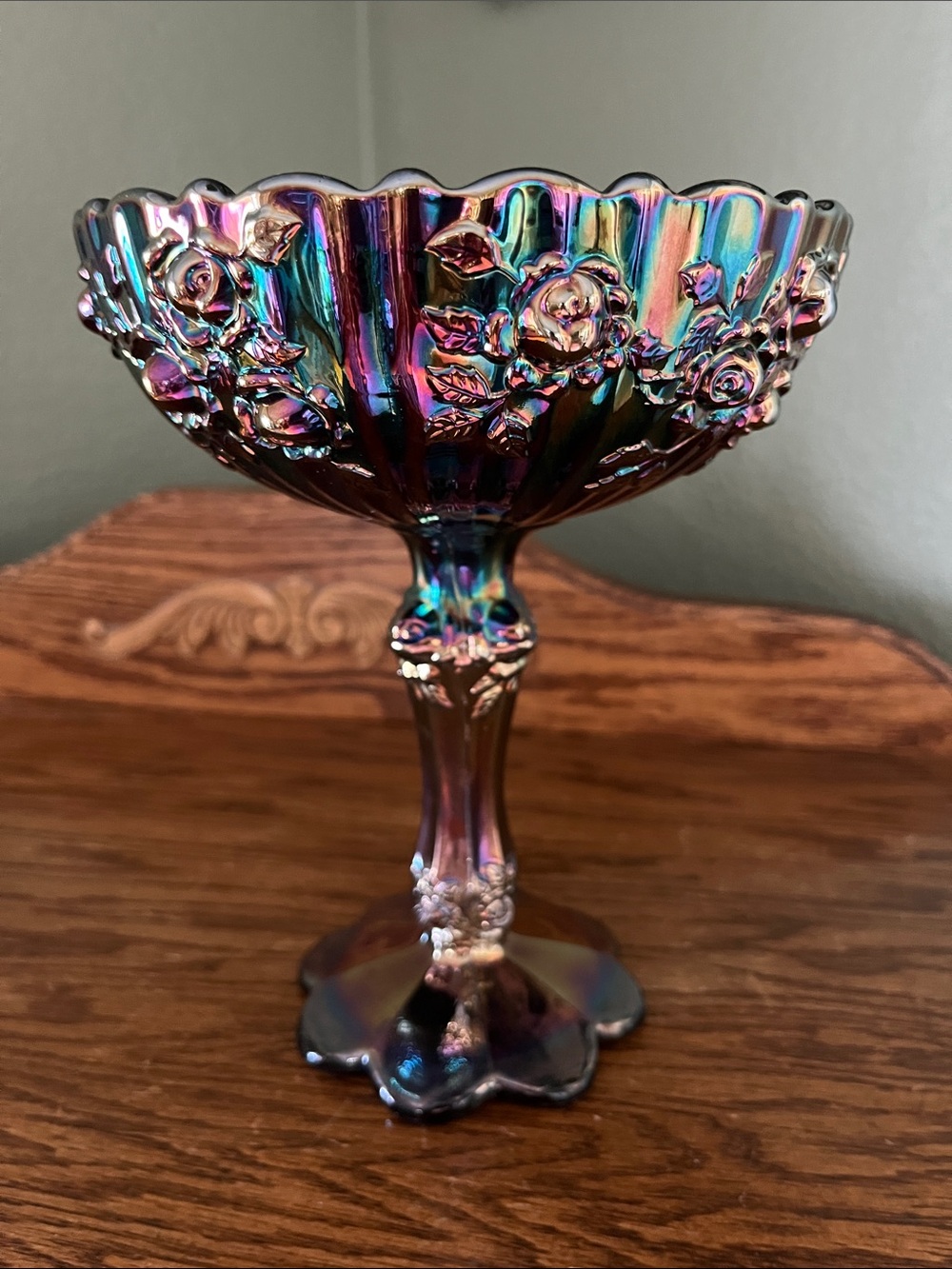Fenton Amethyst Carnival Glass Rose Pedestal Compote Bowl Signed